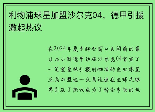 利物浦球星加盟沙尔克04，德甲引援激起热议
